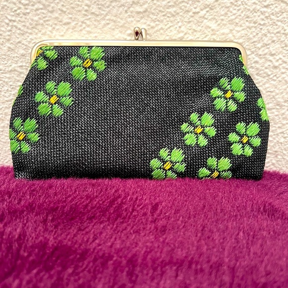 Handbags - Black Raffia Clutch Bag with Green Embroidery Design